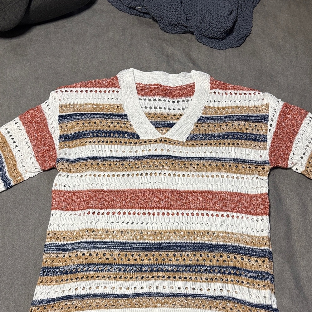 Striped Open-Knit V-Neck Sweater Top - Rust/White/Blue